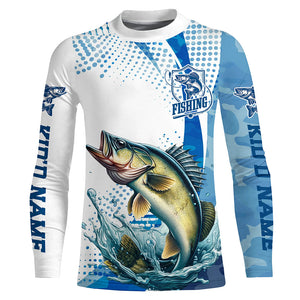 Custom Walleye Long Sleeve Fishing Shirts, Walleye Fishing Tournament Shirts | Blue Camo IPHW6833