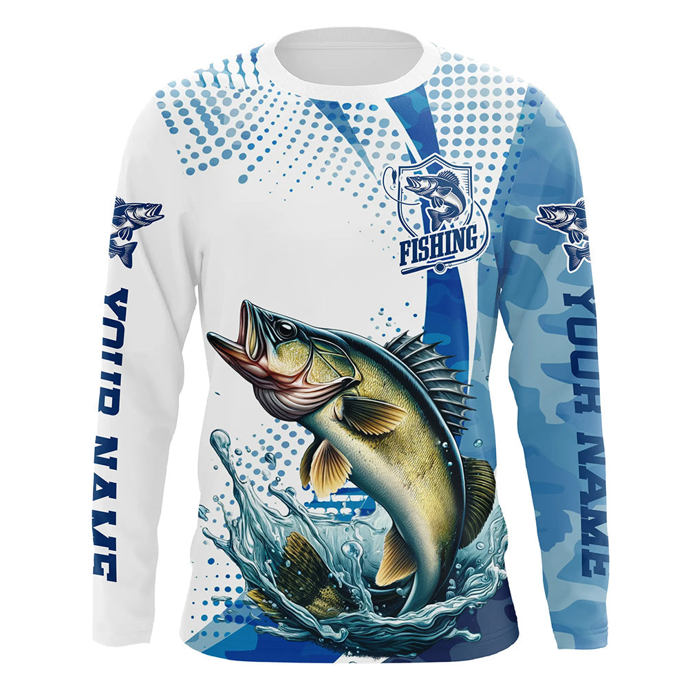 Custom Walleye Long Sleeve Fishing Shirts, Walleye Fishing Tournament Shirts | Blue Camo IPHW6833