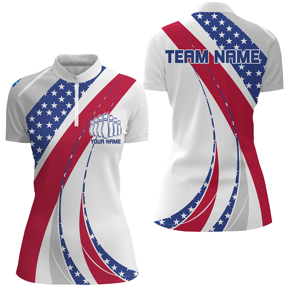 Custom Patriotic Bowling Shirts For Women, Red White And Blue Bowling Quarter Zip Shirts IPHW6836