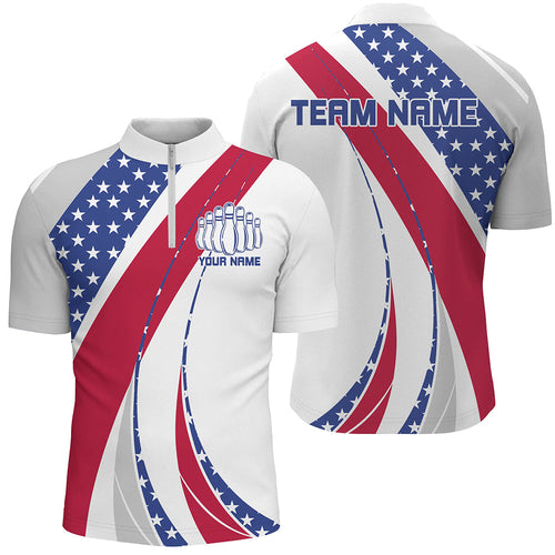 Custom Patriotic Bowling Shirts For Men, Red White And Blue Bowling Quarter Zip Shirts IPHW6836