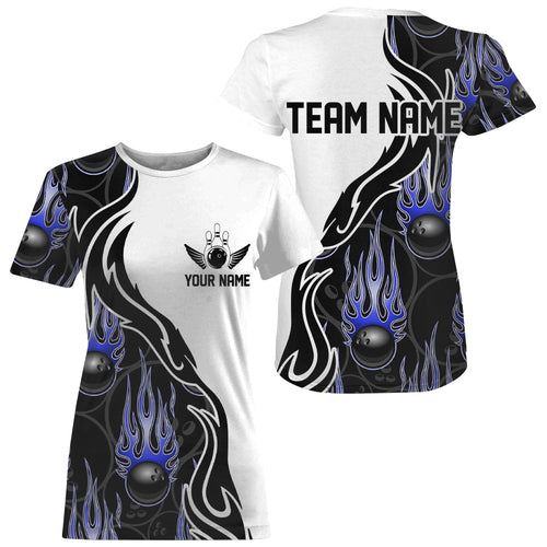 Custom Blue Flame Bowling T-Shirts For Women, Fire Bowling Jerseys Bowling League IPHW5003