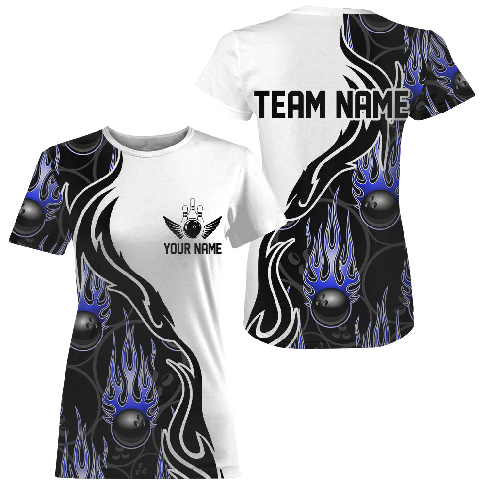 Custom Blue Flame Bowling T-Shirts For Women, Fire Bowling Jerseys Bowling League IPHW5003