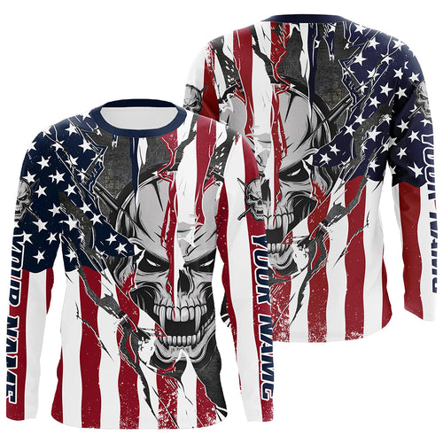 American Flag Custom Skull Long Sleeve Fishing Shirts, Patriotic Personalized Fishing Jersey IPHW6995