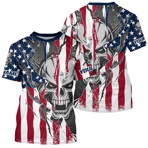 American Flag Custom Skull Long Sleeve Fishing Shirts, Patriotic Personalized Fishing Jersey IPHW6995