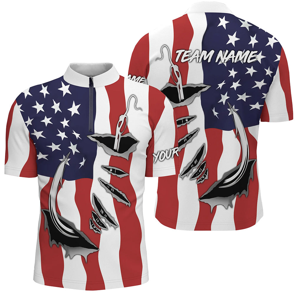 Custom American Flag Fishing Shirts With Fish Hook Design