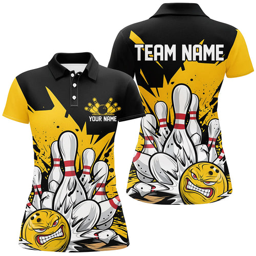 Black And Yellow Custom Funny Ladies Bowling Shirts, Angry Bowling Ball Team Uniform IPHW7532