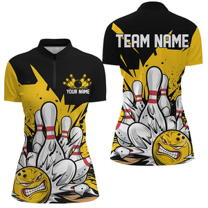 Black And Yellow Custom Funny Ladies Bowling Shirts, Angry Bowling Ball Team Uniform IPHW7532