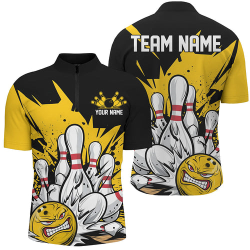 Black And Yellow Custom Funny Bowling Shirts For Men, Angry Bowling Ball Bowling Team Uniform IPHW7532