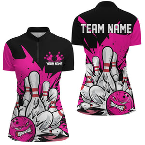 Black And Pink Custom Funny Ladies Bowling Shirts, Angry Bowling Ball Bowling Team Uniform IPHW7533