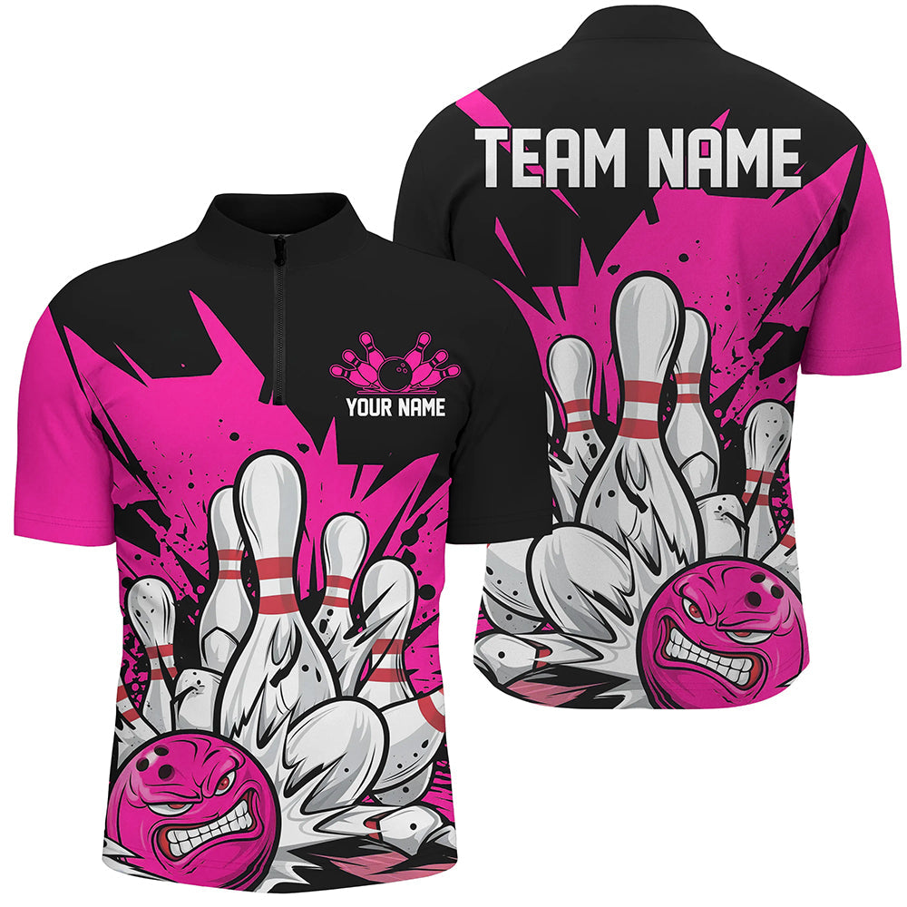 Black And Pink Custom Funny Bowling Shirts For Men, Angry Bowling Ball Bowling Team Uniform IPHW7533