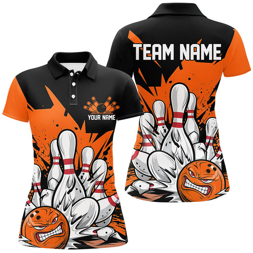 Black And Orange Custom Funny Ladies Bowling Shirts, Angry Bowling Ball Team Uniform IPHW7534