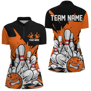 Black And Orange Custom Funny Ladies Bowling Shirts, Angry Bowling Ball Team Uniform IPHW7534