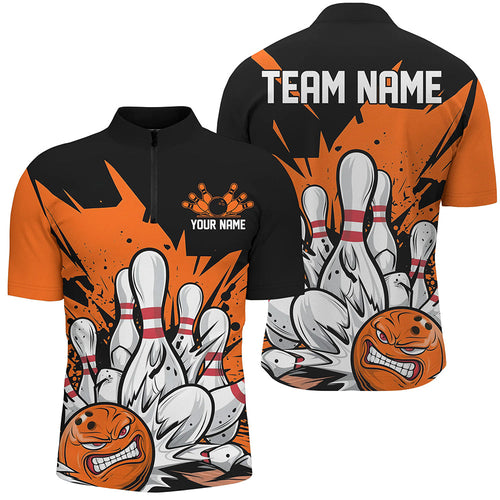 Black And Orange Custom Funny Bowling Shirts For Men, Angry Bowling Ball Bowling Team Uniform IPHW7534
