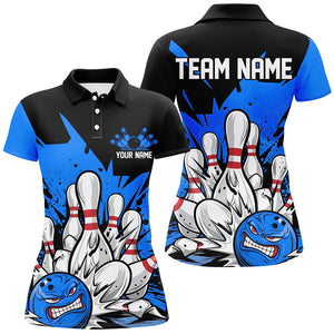 Black And Blue Custom Funny Ladies Bowling Shirts, Angry Bowling Ball Bowling Team Uniform IPHW7535