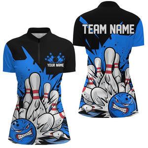 Black And Blue Custom Funny Ladies Bowling Shirts, Angry Bowling Ball Bowling Team Uniform IPHW7535