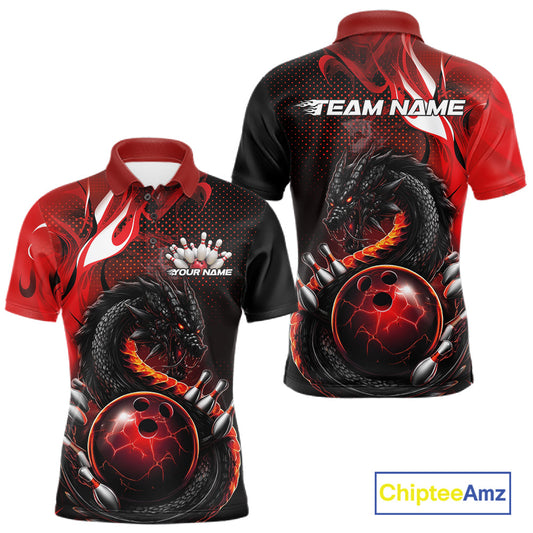 Custom Black And Red Dragon Bowling Jerseys, Dragon Bowling Team Men Polo Shirt IPHW10267