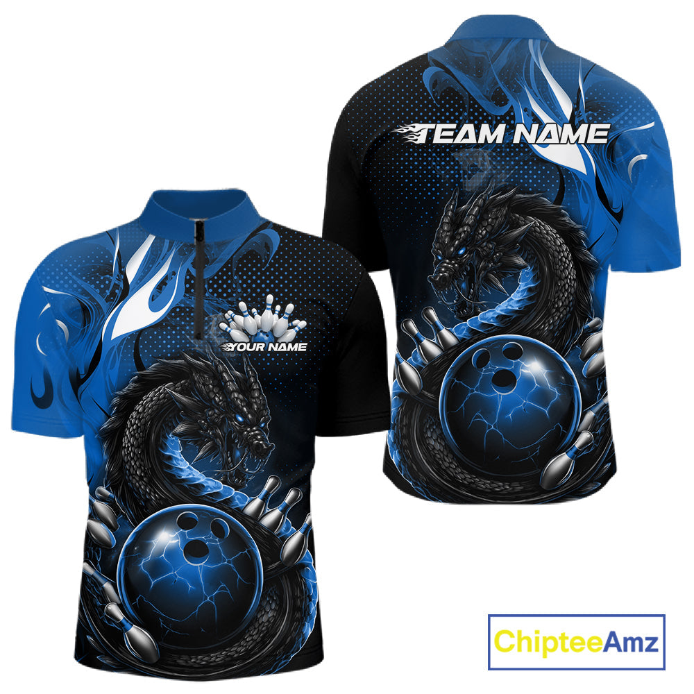 Custom Black And Blue Dragon Bowling Jerseys, Dragon Bowling Team Men Quarter-Zip Shirt IPHW10268