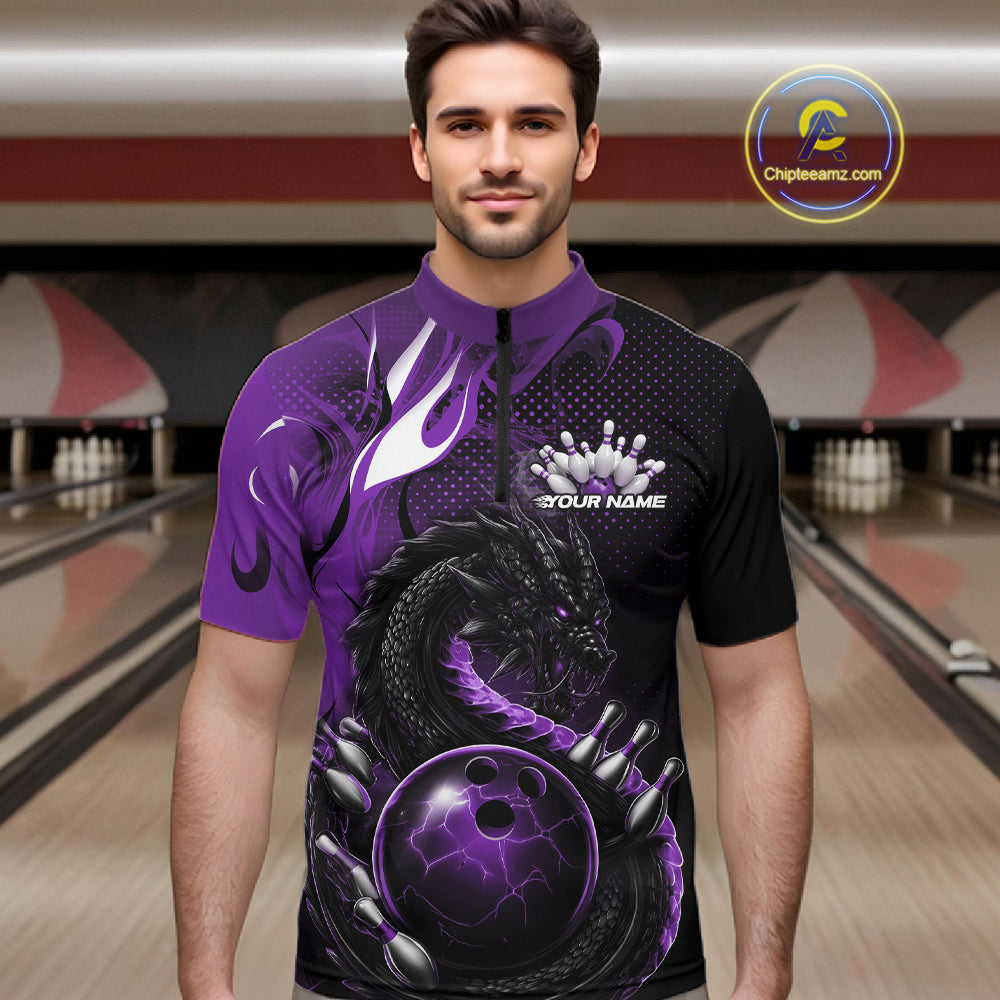Custom Black And Purple Dragon Bowling Jerseys, Dragon Bowling Team Men Quarter-Zip Shirt IPHW10269