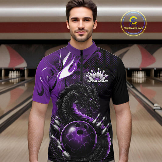 Custom Black And Purple Dragon Bowling Jerseys, Dragon Bowling Team Men Quarter-Zip Shirt IPHW10269