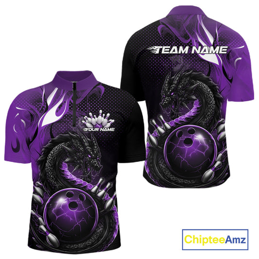 Custom Black And Purple Dragon Bowling Jerseys, Dragon Bowling Team Men Quarter-Zip Shirt IPHW10269