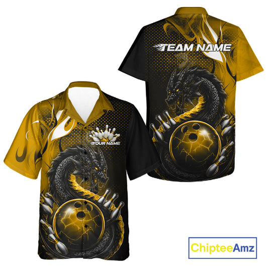 Custom Black And Yellow Dragon Bowling Jerseys, Dragon Bowling Team Men And Women Hawaiian Shirt IPHW10270