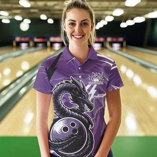 Custom Black And Purple Thunder Lightning Dragon Bowling Jerseys Bowling Womens Polo Shirts IPHW8659