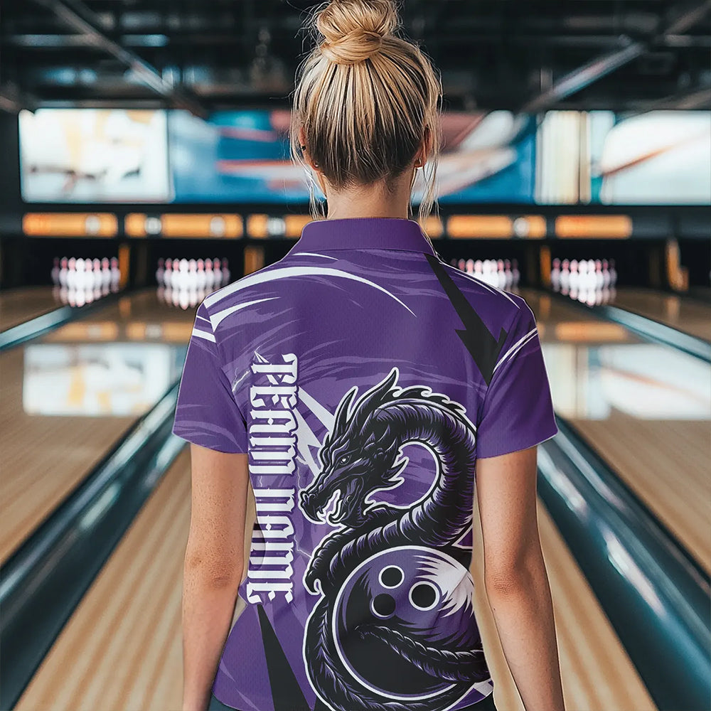 Custom Black And Purple Thunder Lightning Dragon Bowling Jerseys Bowling Womens Polo Shirts IPHW8659