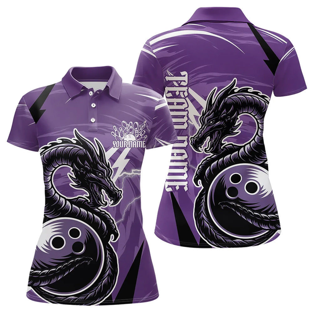 Custom Black And Purple Thunder Lightning Dragon Bowling Jerseys Bowling Womens Polo Shirts IPHW8659