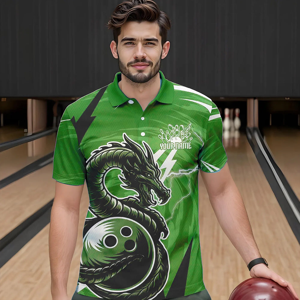 Custom Black And Green Thunder Lightning Dragon Bowling Jerseys Bowling Polo Shirts For Men IPHW8660