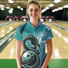 Load image into Gallery viewer, Custom Black And Blue Thunder Lightning Dragon Bowling Jerseys Bowling Womens Polo Shirts IPHW8661