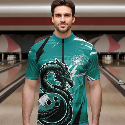 Custom Black And Blue Thunder Lightning Dragon Bowling Jerseys Bowling Quarter-Zip Shirts For Men IPHW8661
