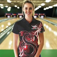 Load image into Gallery viewer, Custom Black And Red Thunder Lightning Dragon Bowling Womens Polo Shirts, Bowlers Outfits IPHW8662