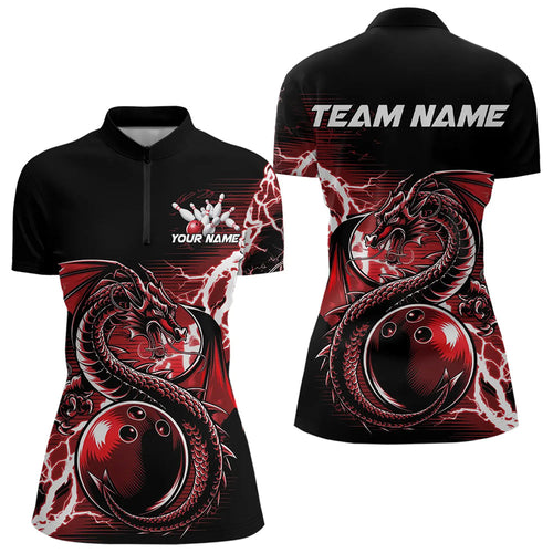 Custom Black And Red Thunder Lightning Dragon Womens Quarter-Zip Shirts, Bowlers Outfits IPHW8662
