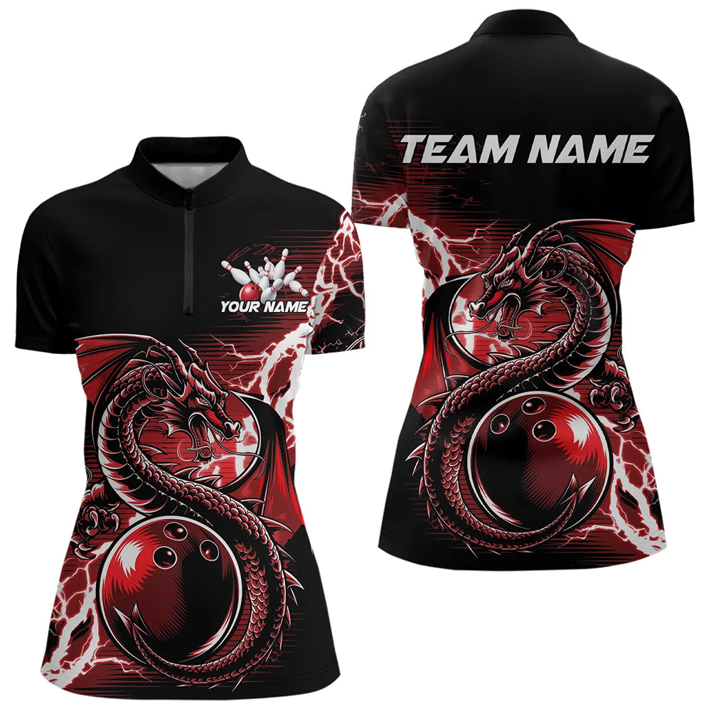 Custom Black And Red Thunder Lightning Dragon Womens Quarter-Zip Shirts, Bowlers Outfits IPHW8662