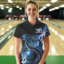 Load image into Gallery viewer, Custom Black And Blue Thunder Lightning Dragon Bowling Womens Polo Shirts, Bowlers Outfits IPHW8663