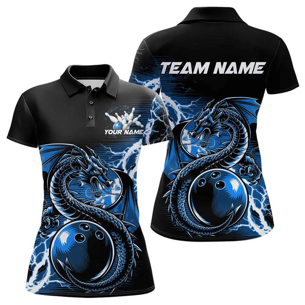Custom Black And Blue Thunder Lightning Dragon Bowling Womens Polo Shirts, Bowlers Outfits IPHW8663