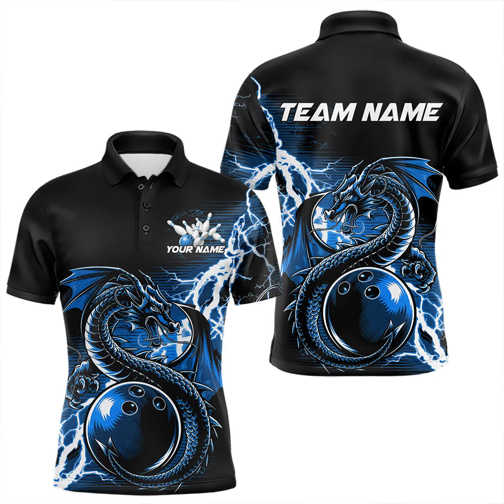 Custom Black And Blue Thunder Lightning Dragon Bowling Polo Shirts For Men, Bowlers Outfits IPHW8663