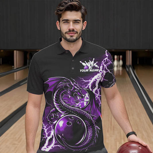 Custom Black And Purple Thunder Lightning Dragon Bowling  Polo Shirts For Men, Bowlers Outfits IPHW8664