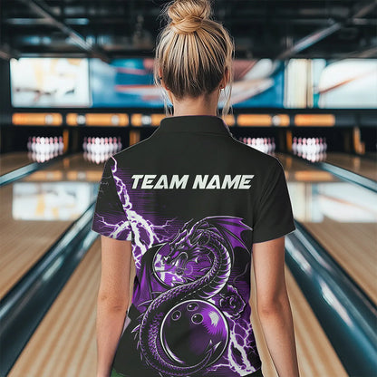 Custom Black And Purple Thunder Lightning Dragon Bowling  Womens Polo Shirt, Bowlers Outfit IPHW8664