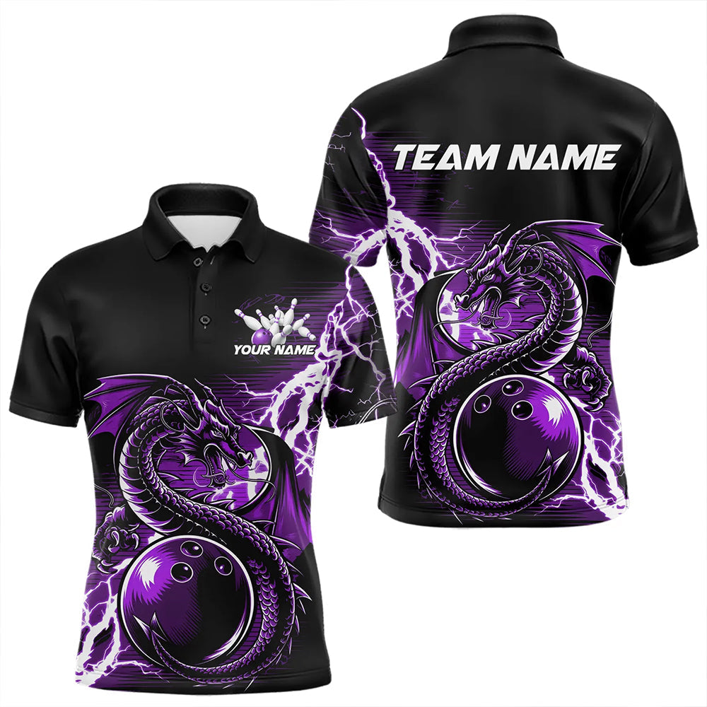 Custom Black And Purple Thunder Lightning Dragon Bowling  Polo Shirts For Men, Bowlers Outfits IPHW8664