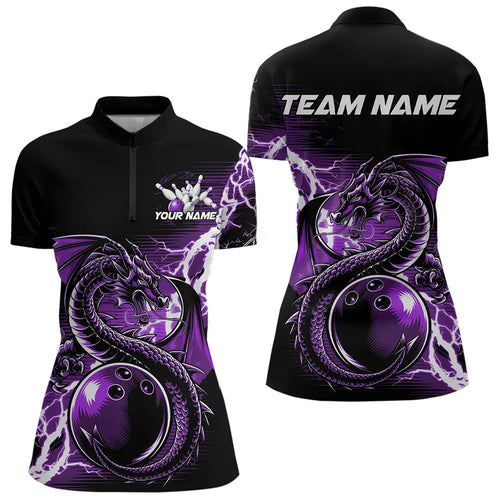 Custom Black And Purple Thunder Lightning Dragon Bowling  Womens Quarter-Zip Shirts IPHW8664