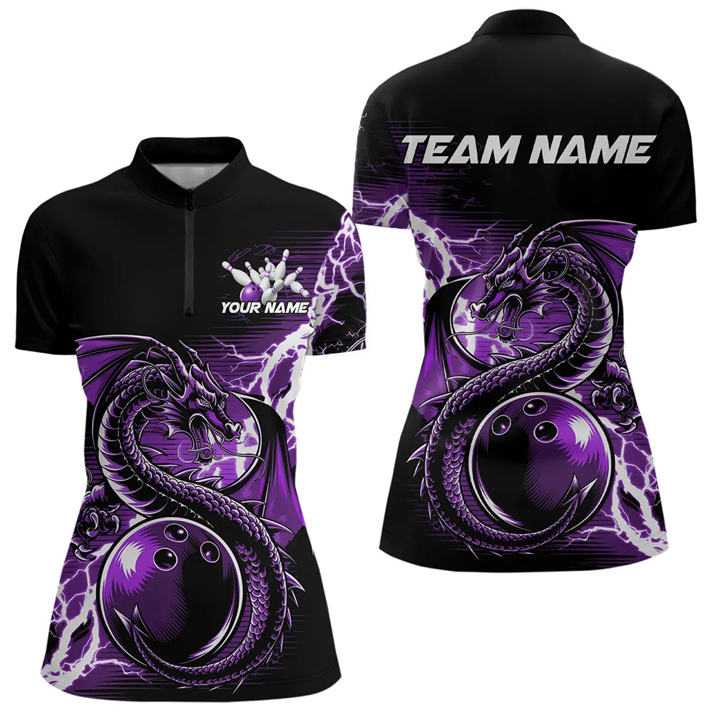 Custom Black And Purple Thunder Lightning Dragon Bowling  Womens Quarter-Zip Shirts IPHW8664