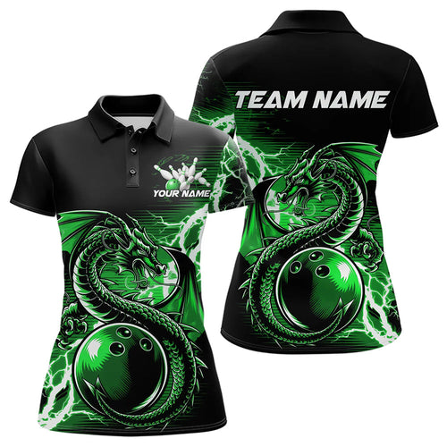 Custom Black And Green Thunder Lightning Dragon Bowling  Womens Polo Shirt, Bowlers Outfits IPHW8665