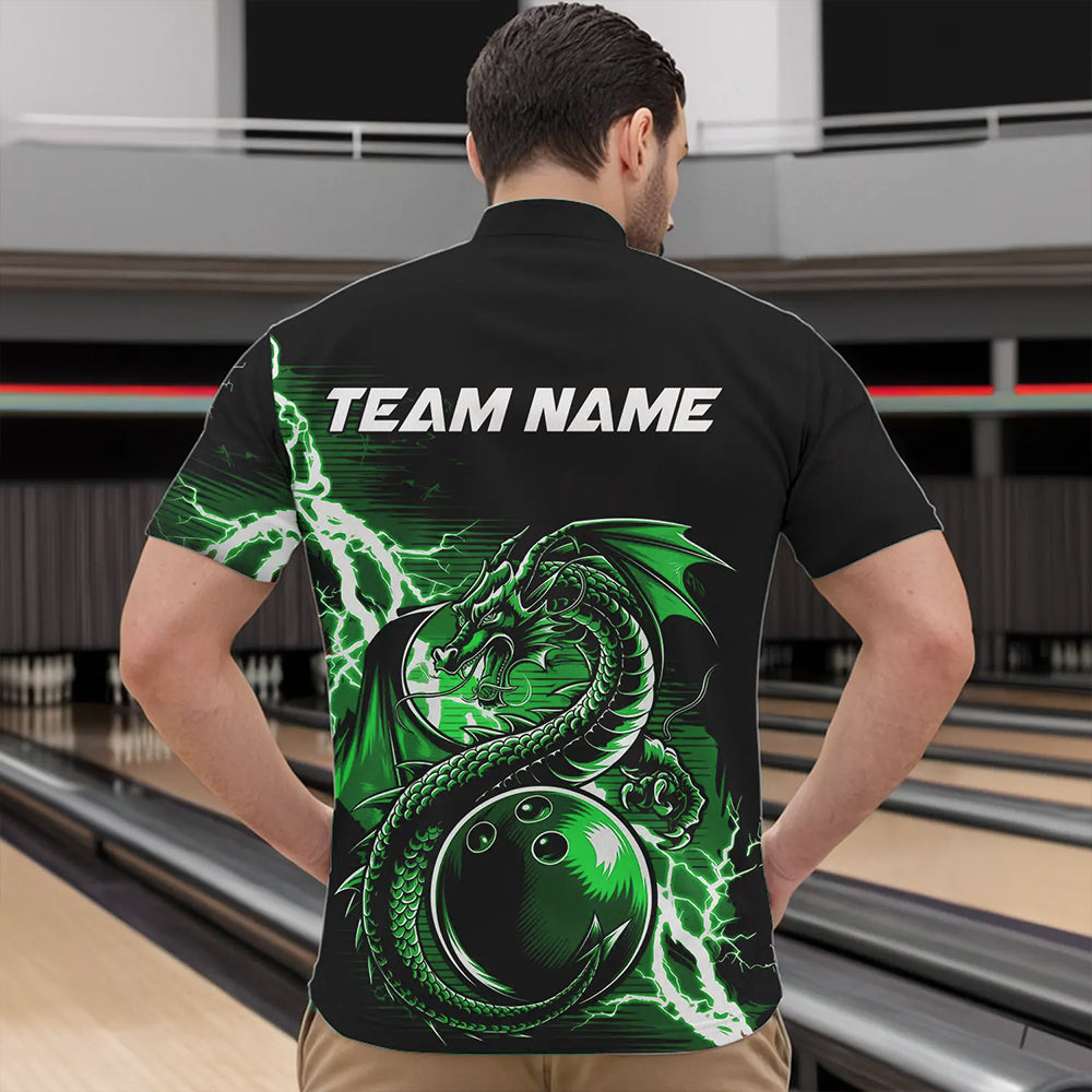 Custom Black And Green Thunder Lightning Dragon Bowling  Quarter-Zip Shirts For Men, Bowlers Outfits IPHW8665