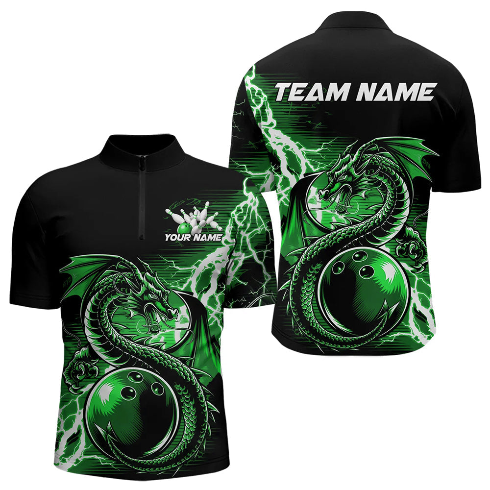 Custom Black And Green Thunder Lightning Dragon Bowling  Quarter-Zip Shirts For Men, Bowlers Outfits IPHW8665