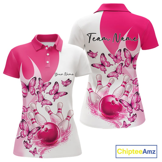 Front and back view of a women s white and pink bowling polo shirt mockup featuring butterfly artwork and bowling-themed graphics.