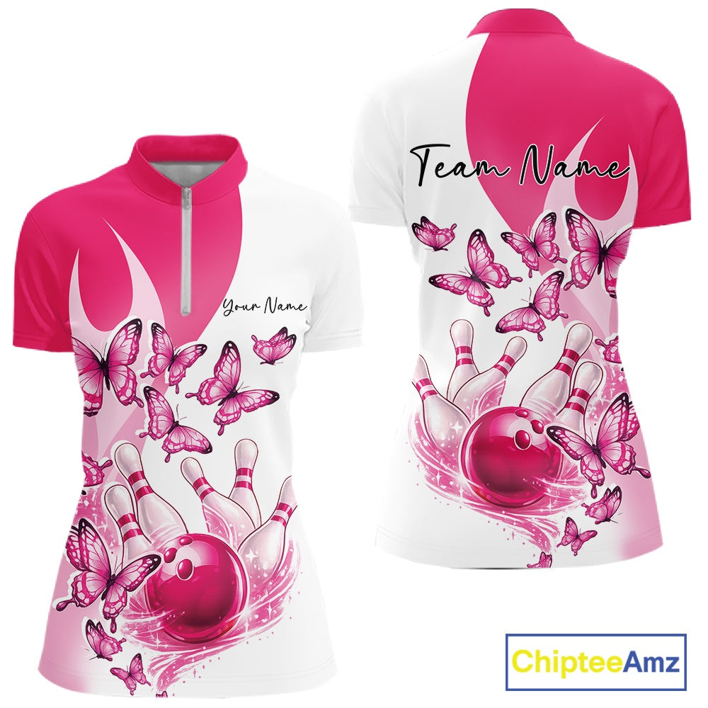Women s white and pink bowling quarter zip mockup shown from front and back with butterfly accents and bowling graphics.