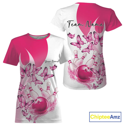 Front and back mockup of a womens white and pink crewneck bowling T-shirt with butterfly graphics and bowling-themed artwork
