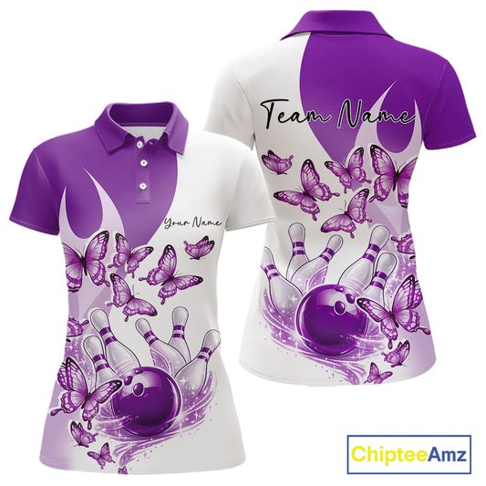 Front and back mockup of a womens white and purple bowling polo featuring butterfly graphics and colorful bowling artwork