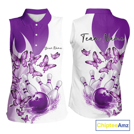 Front and back mockup of a womens white and purple sleeveless bowling shirt with butterfly artwork and bowling graphics